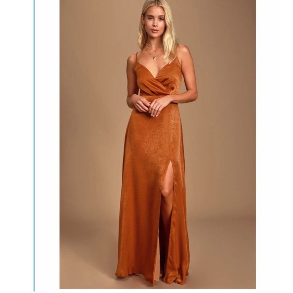 Lulu's Copper Satin Maxi Dress with Slit